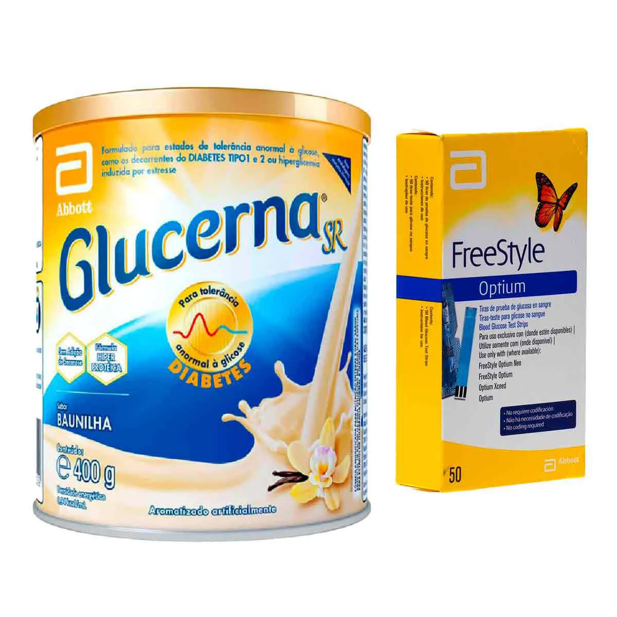 Kit Suplemento Alimentar Glucerna Baunilha 400g + Tiras para Teste de Glicemia Freestyle Optium 50 Unidades