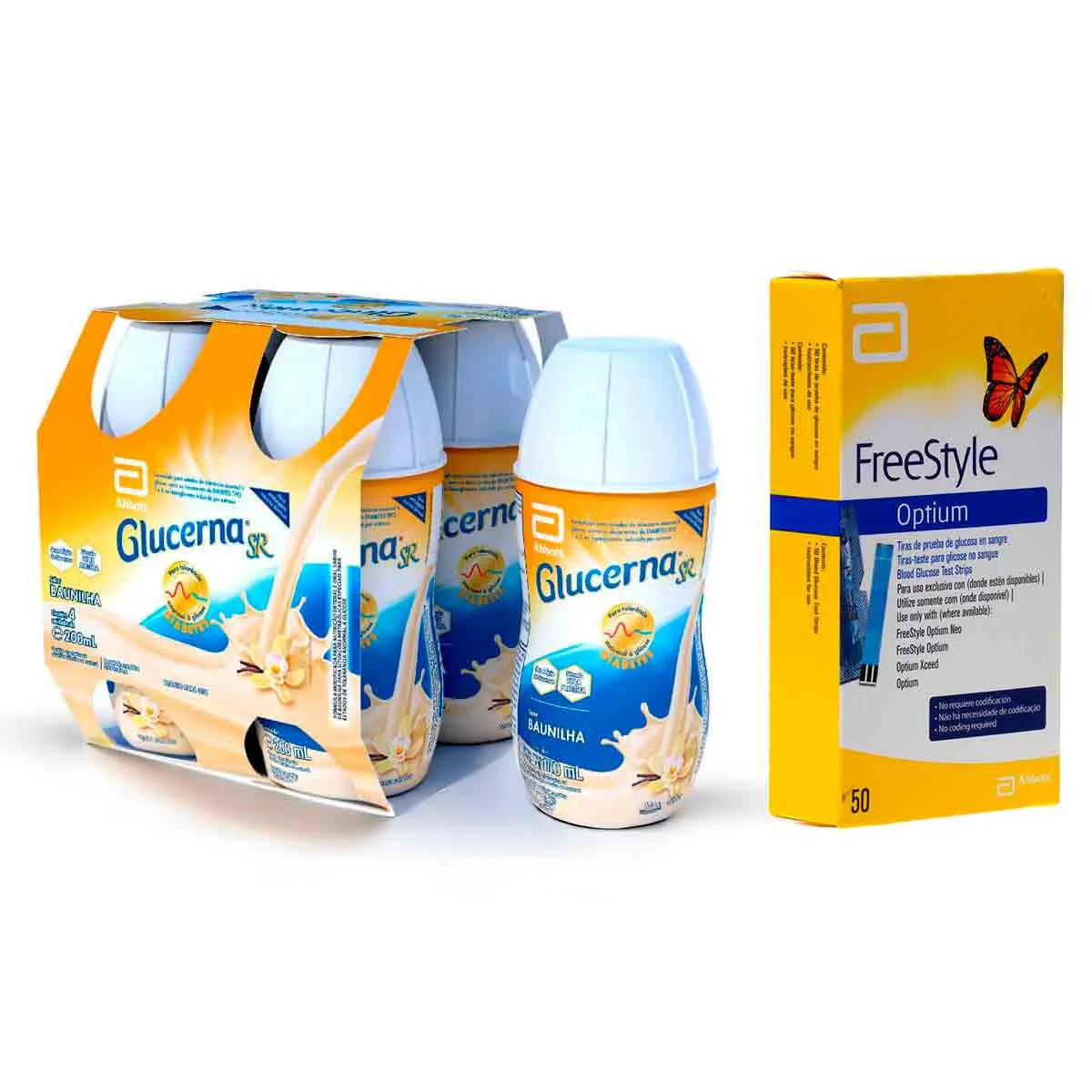 Kit Suplemento Alimentar Glucerna SR Baunilha 4 unidades com 200ml + Tiras para Teste de Glicemia Freestyle Optium 50 Unidades