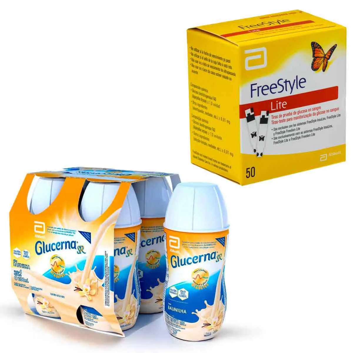 Kit Suplemento Alimentar Glucerna SR Baunilha 4 unidades com 200ml cada + Tiras de Teste para Glicose Freestyle Lite 50 unidades