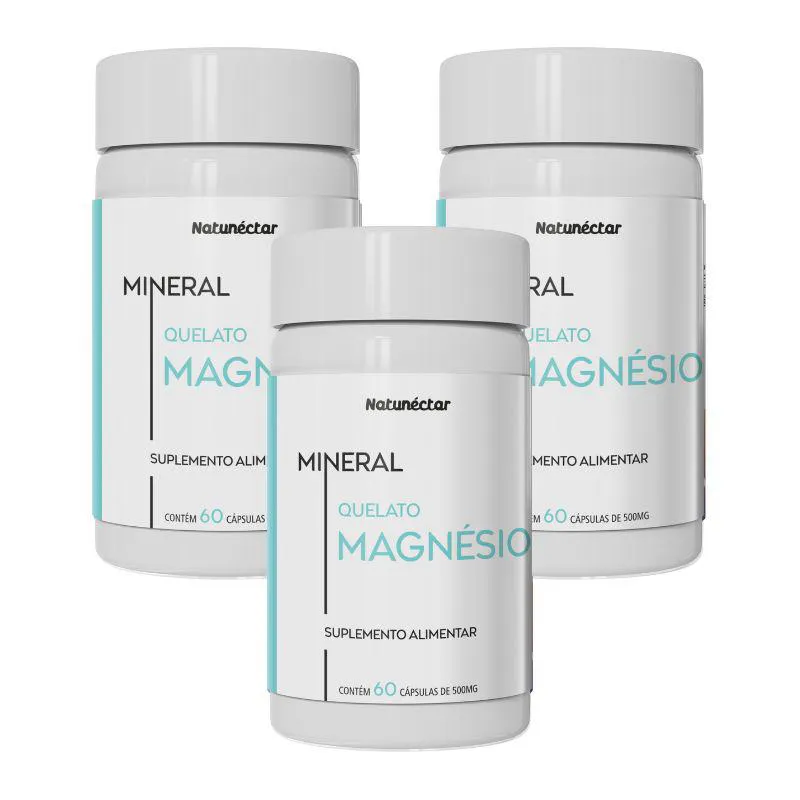 Kit Magnesio Quelato Suplemento Alimentar Natunectar 500mg - 3 unidades (180 cápsulas)
