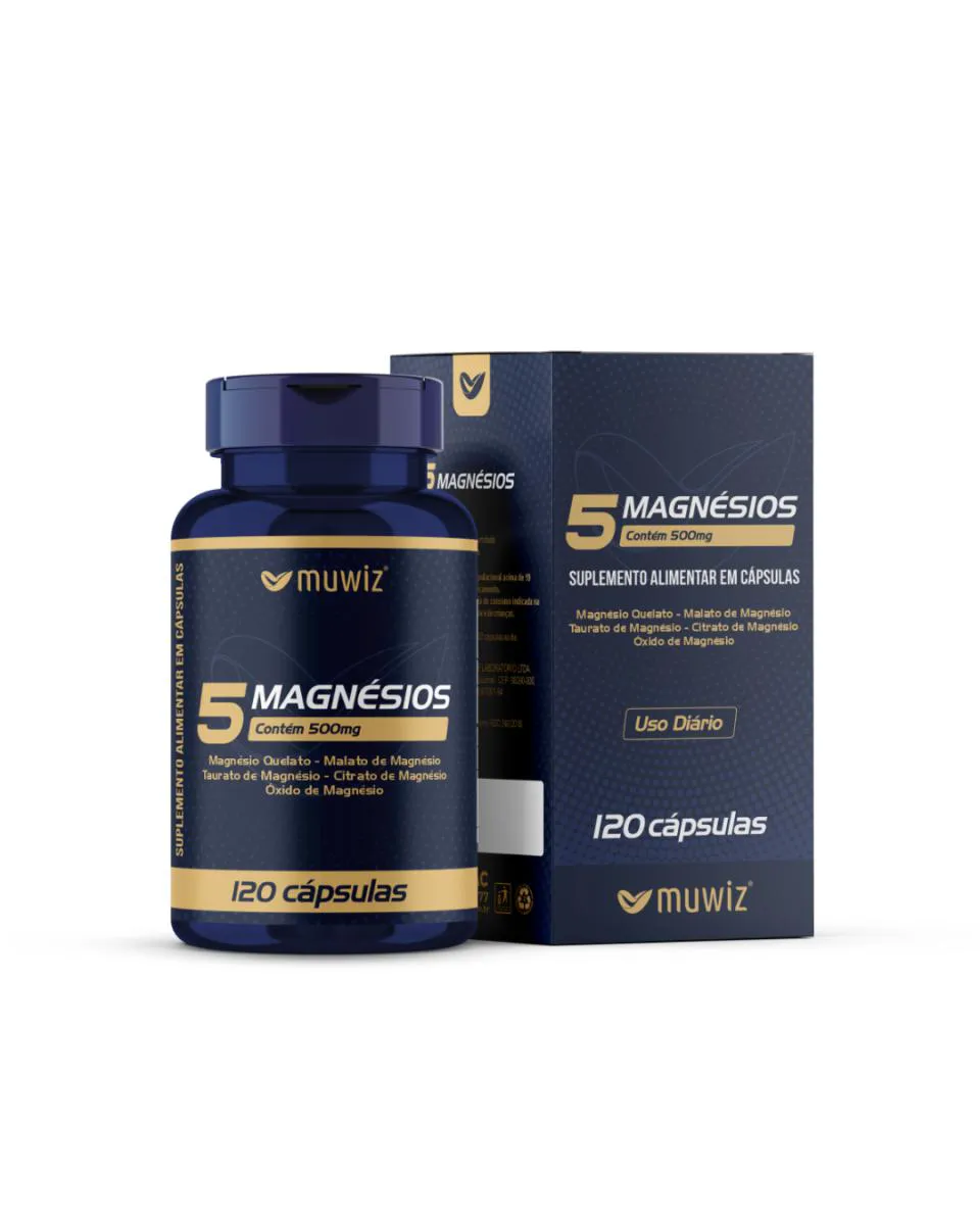 5 Magnésios 500mg 120 cápsulas - Quelato Malato Taurato Citrato e Óxido de Magnésio
