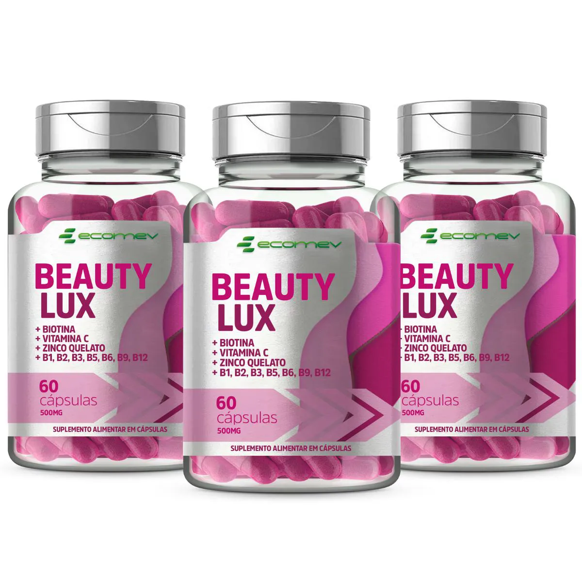 3x Beauty Lux Complexo B Biotina Vit C Zinco 500 Mg 60 Cápsulas Ecomev