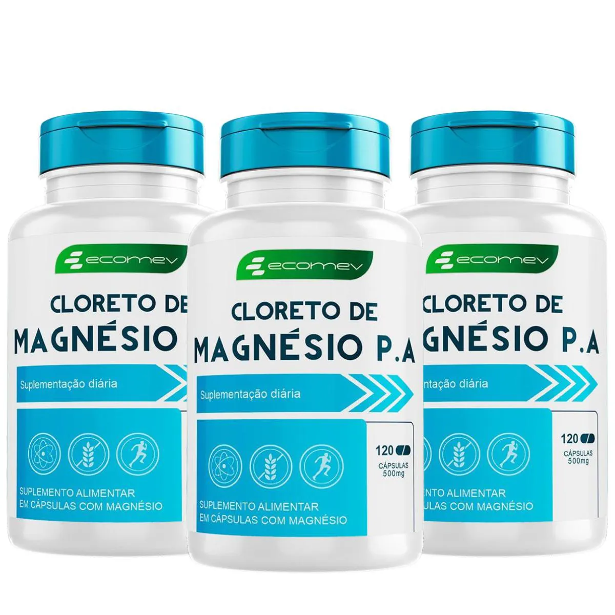 3x Cloreto de Magnesio PA 500Mg 120 Cápsulas Ecomev
