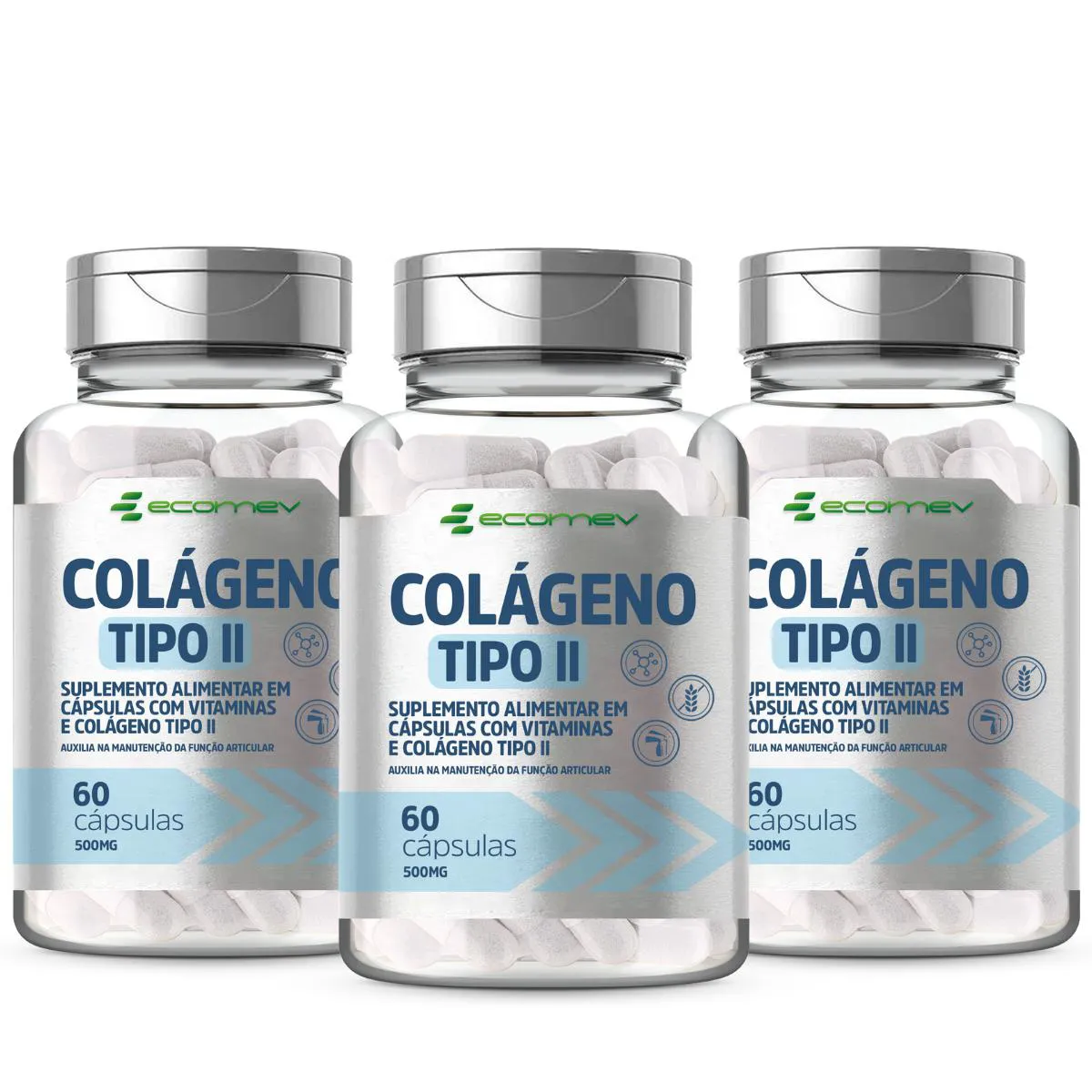 3x Colageno tipo 2 com Vit C E D3 B1 B3 B6 B12 500Mg 60 Cápsulas Ecomev