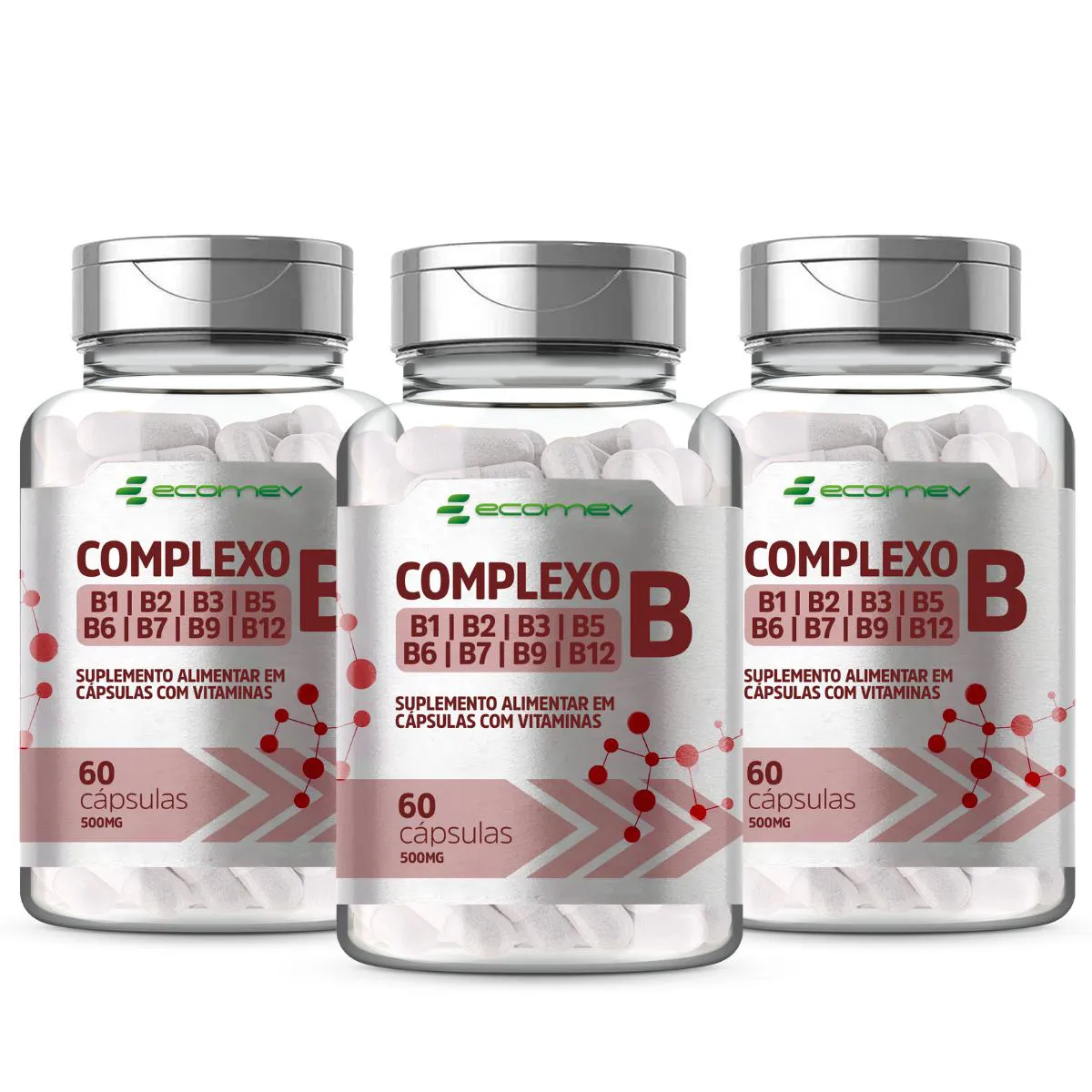 3x Complexo B B1 B2 B3 B5 B6 B7 B9 B12 e Biotina 500Mg 60 Cápsulas Ecomev