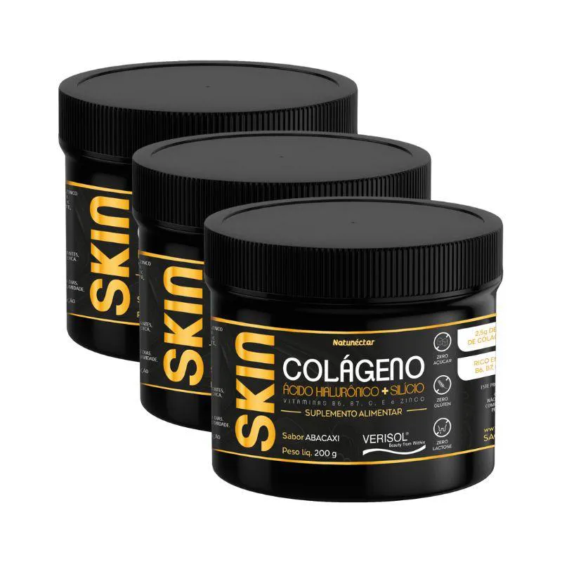 KIT SKIN COLáGENO VERISOL EM Pó PREVENçãO RUGAS NATUNECTAR  SABOR ABACAXI 200G - 3 UNIDADES