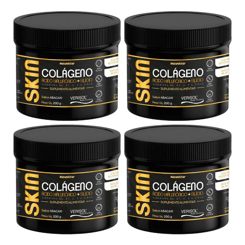 Kit Skin Colágeno Verisol em Pó Prevenção Rugas Natunectar Sabor Abacaxi 200g - 4 Unidades
