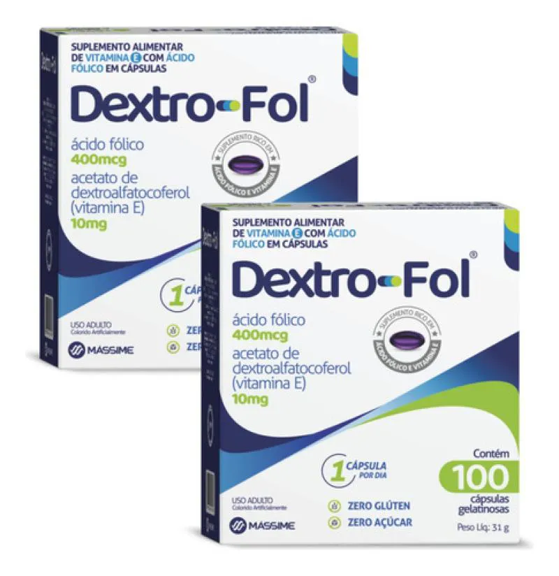 Kit 2x Dextro - Fol Vitamina e + Ácido Fólico 100 Cápulas Mássime