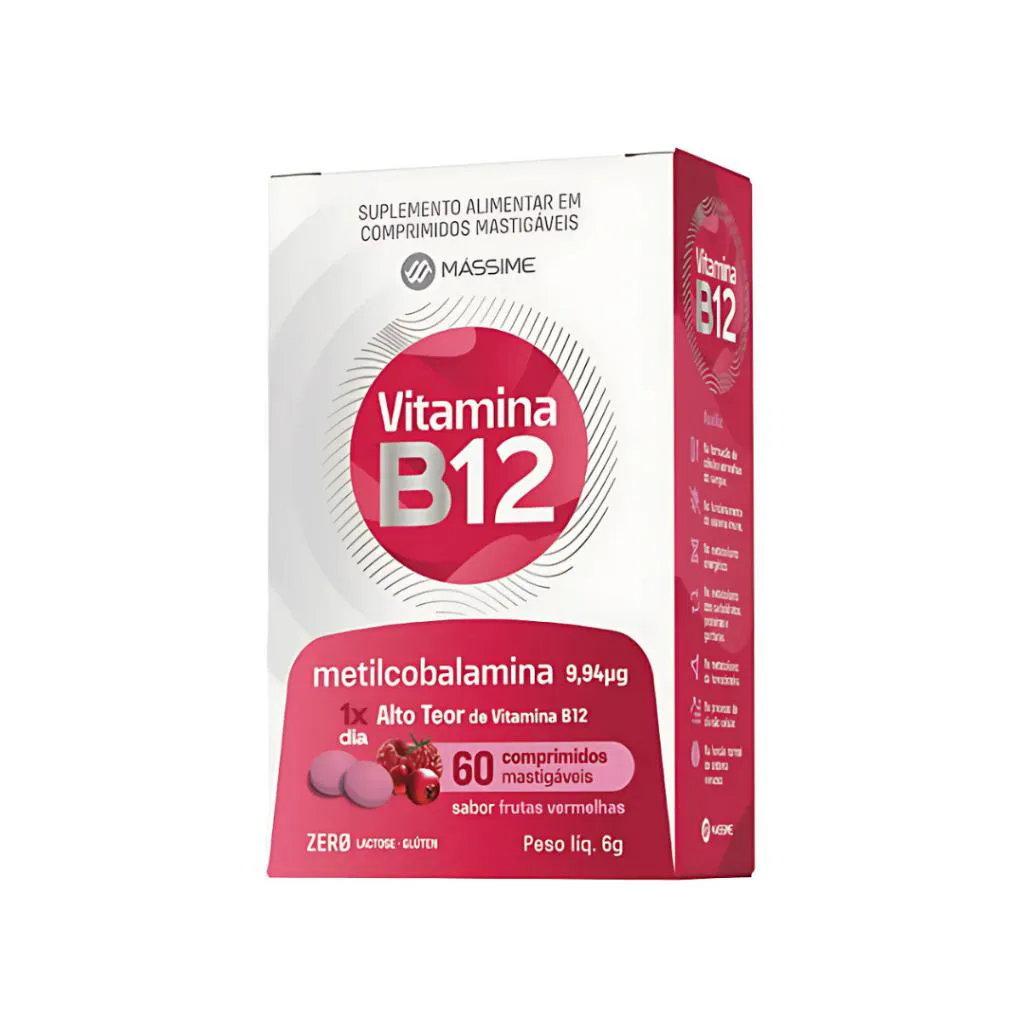 Vitamina B12 9,94mcg 60cpr Mastigável Metilcobalamina - Dose Máxima Sabor Frutas Vermelhas