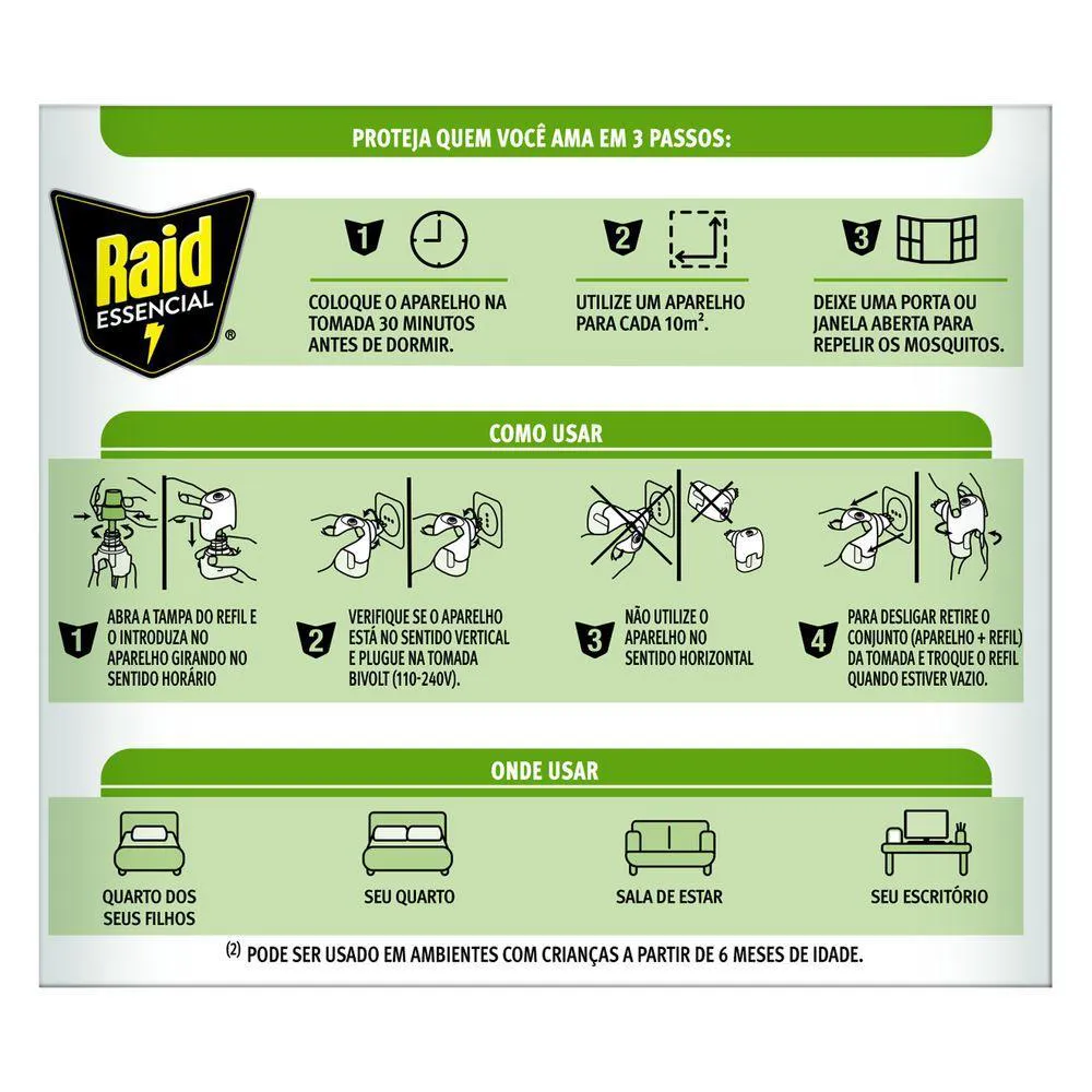 Repelente Elétrico Líquido Raid 45 Noites À Base de Plantas Essencial Caixa 2 unidades 25,2ml Cada Refil Embalagem Econômica