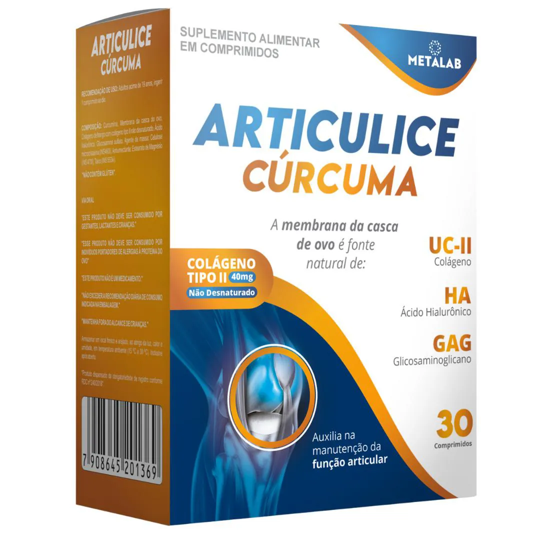 Suplemento Alimentar Articulice Curcuma 30 Comprimidos Colágeno Tipo II Acido Hialurônico Glucosaminogicanos Curcuma e Colageno