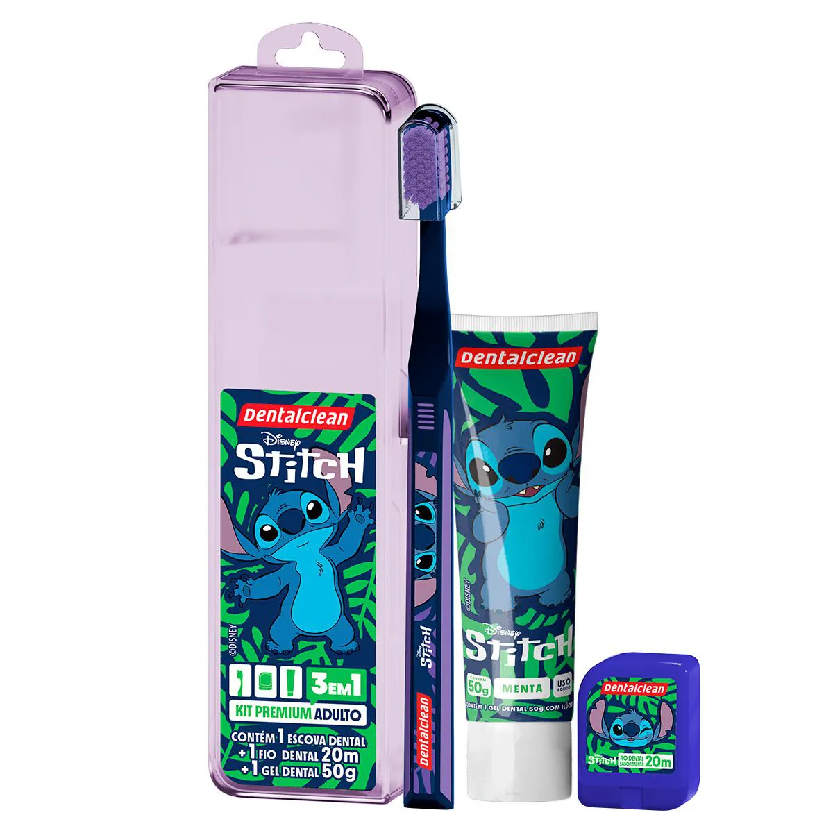 Kit Dentalclean Premium Adulto Disney Stitch 1 Escova de Dente + 1 Fio Dental 20m + 1 Gel Dental 50g