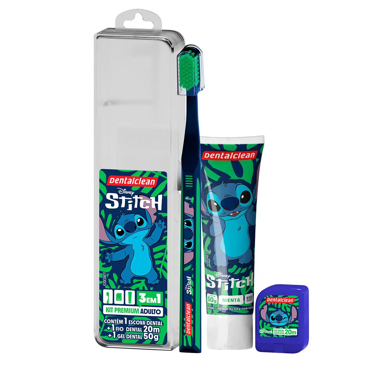 Kit Dentalclean Premium Adulto Disney Stitch 1 Escova de Dente + 1 Fio Dental 20m + 1 Gel Dental 50g