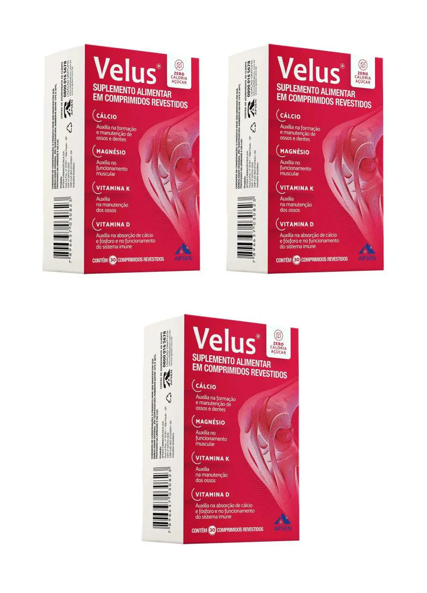 Kit 3 Suplemento Apsen Velus Cálcio Magnésio Vitamina D 30cp