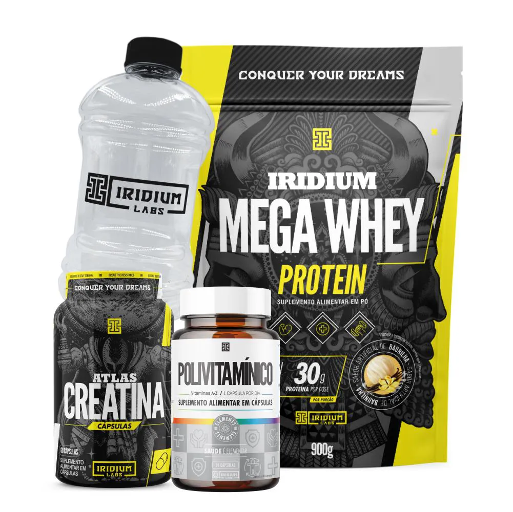 Mega Whey + Atlas Creatina 60 Cápsulas + Polivitamínico 30 Cápsulas + Galão Cristal 1l Baunilha
