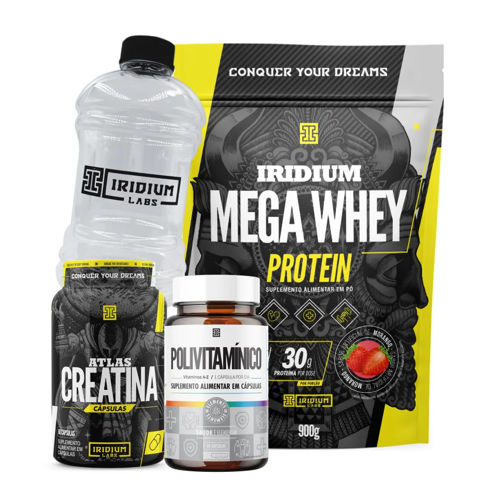 Mega Whey + Atlas Creatina 60 Cápsulas + Polivitamínico 30 Cápsulas + Galão Cristal 1l Morango