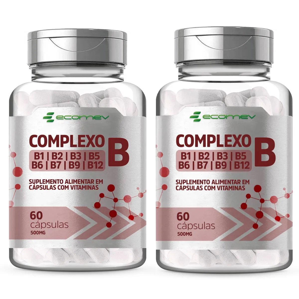 2x Complexo B B1 B2 B3 B5 B6 B7 B9 B12 e Biotina 500mg 60 Capsulas Ecomev