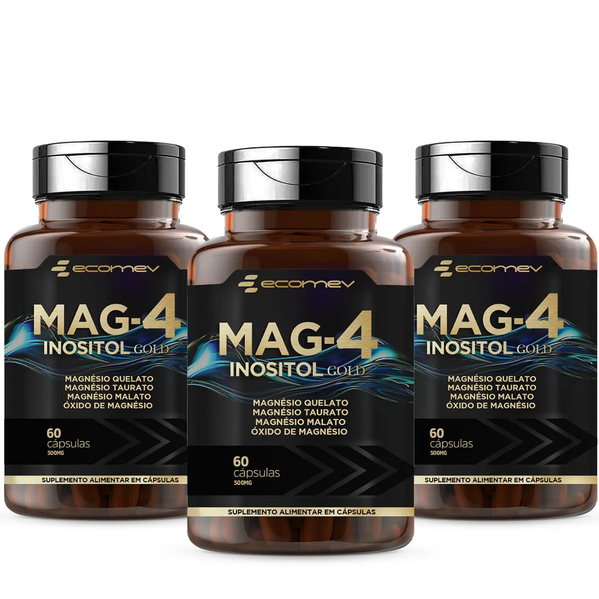 3x Mag4 Magnésio Dimalato Quelato Taurato Oxido + Inositol 500mg 60 Capsulas - Ecomev