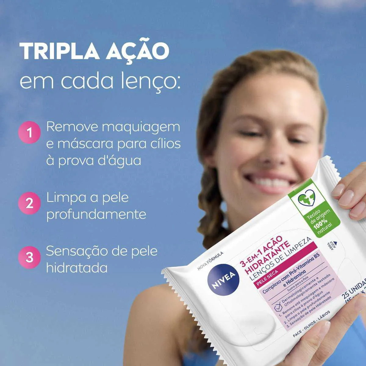 Lenço De Limpeza Facial Nivea 3 Em 1 Ação Hidratante 25 unidades