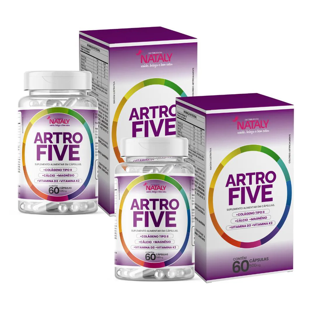 2x Artrofive Colágeno Tipo II, Cálcio, Magnésio, Vitamina D3 e Vitamina K2 60 Cápsulas de 500mg Nataly