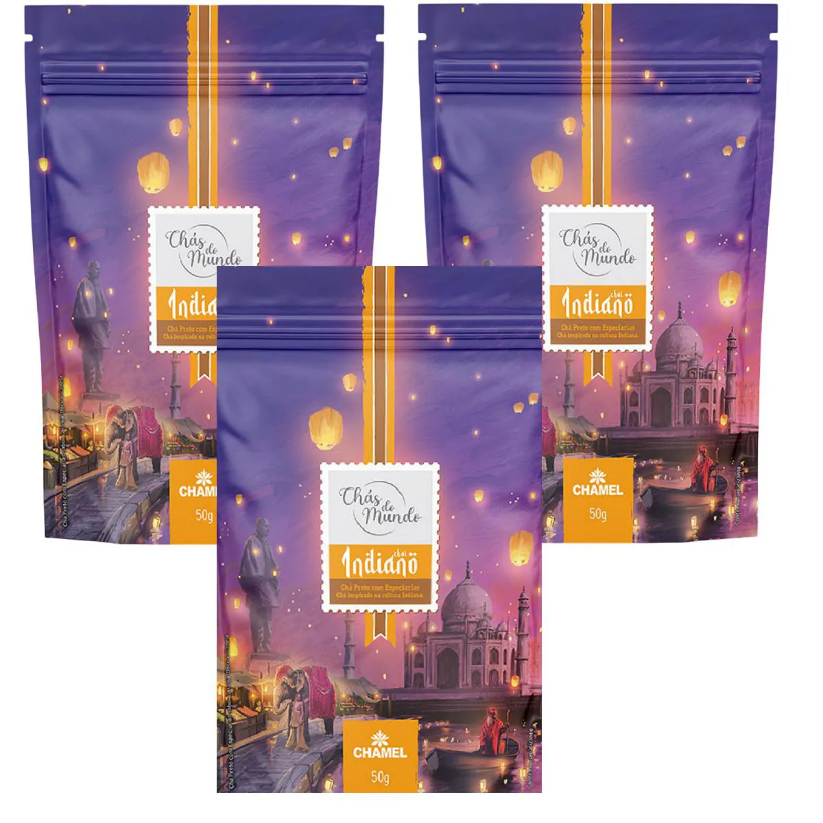 Kit 03 Chás do Mundo Pouch Chá Indiano 50g - Chamel