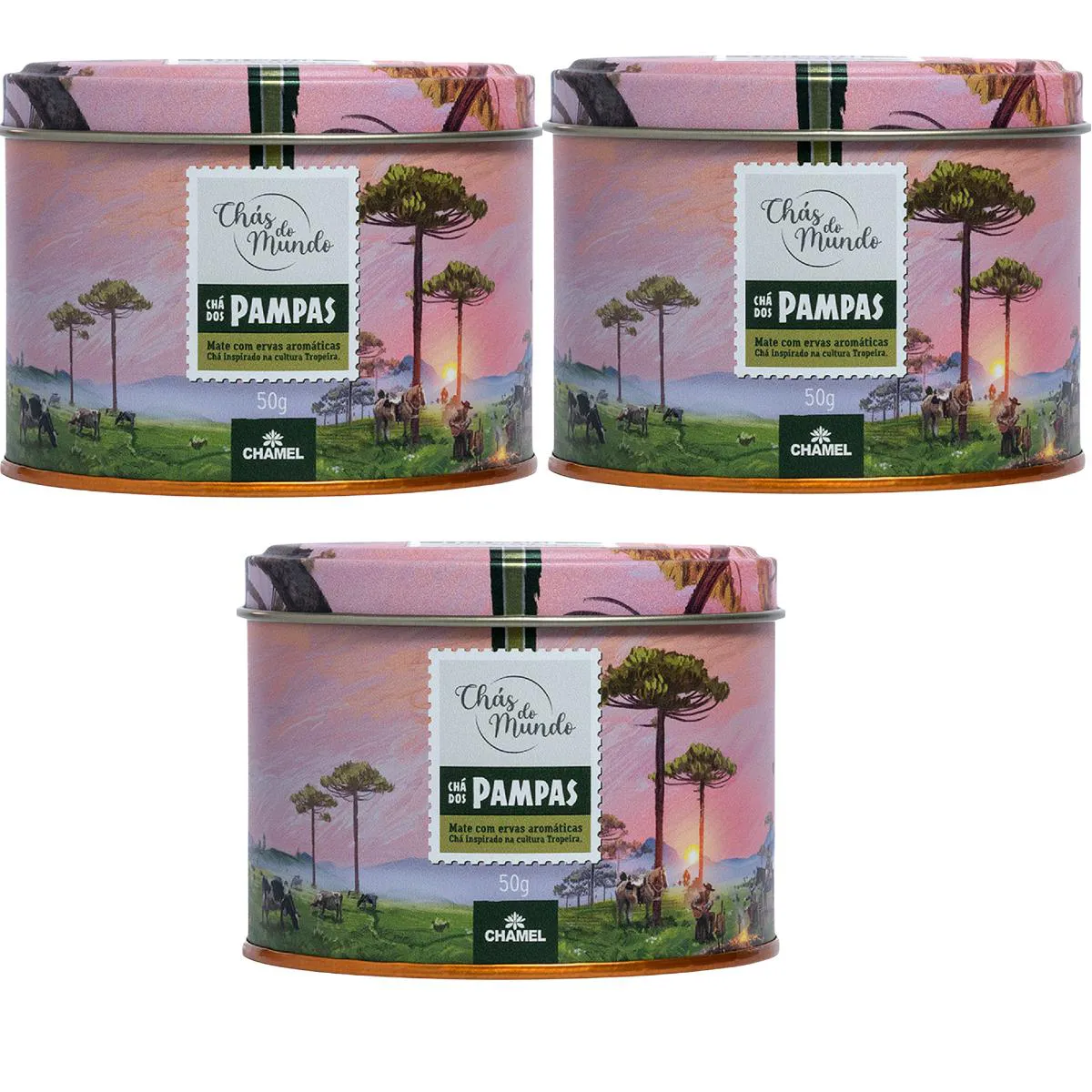 Kit 03 Chás do Mundo Pouch Chá Pampas Lata 50g - Chamel