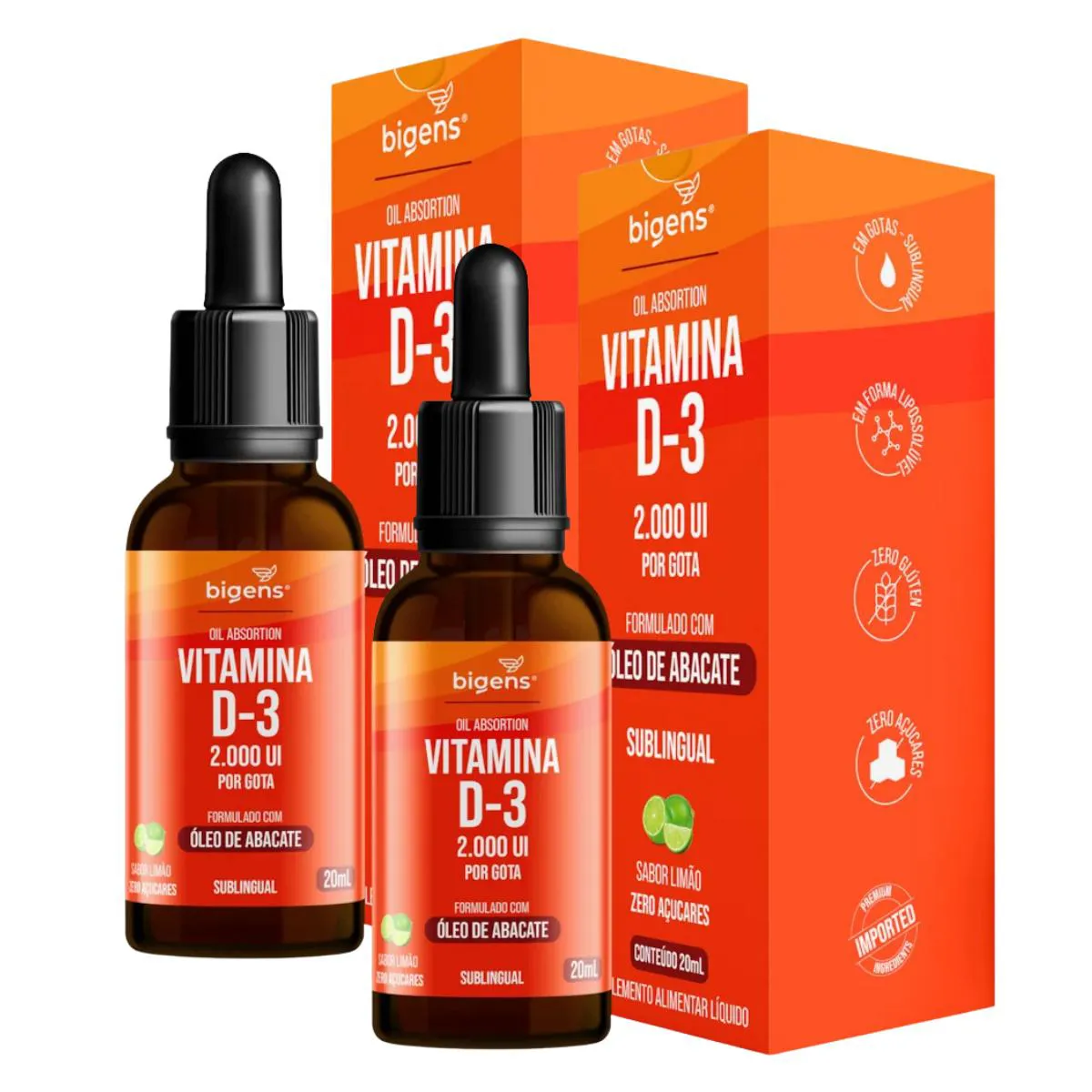 2X VITAMINA D3 2000UI ÓLEO DE ABACATE BIGENS LIMãO 20ML