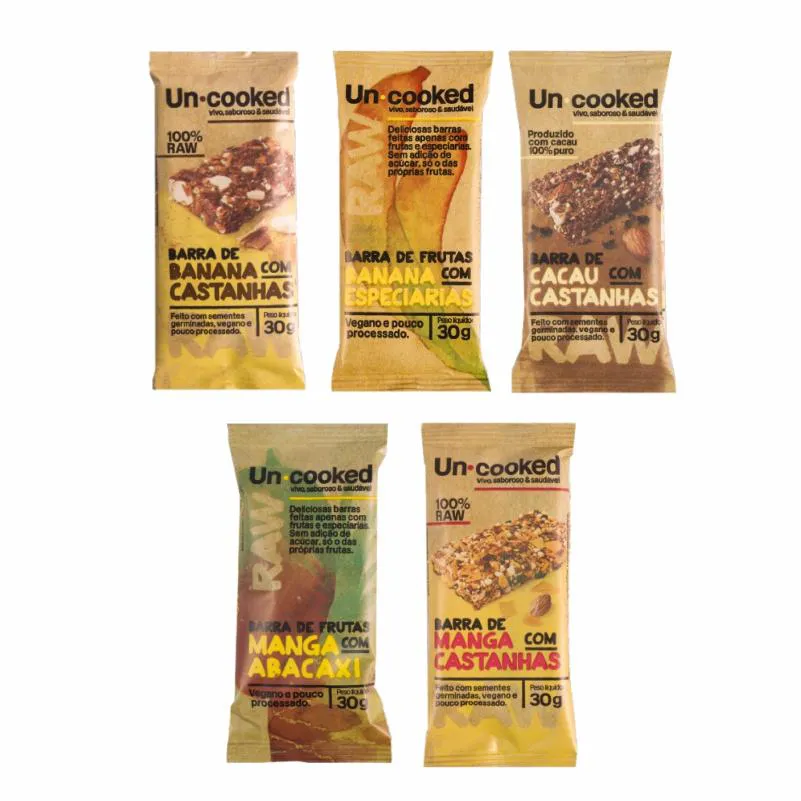 KIT 5 BARRAS UNCOOKED: CASTANHA, MANGA, CACAU, BANANA, ABACAXI
