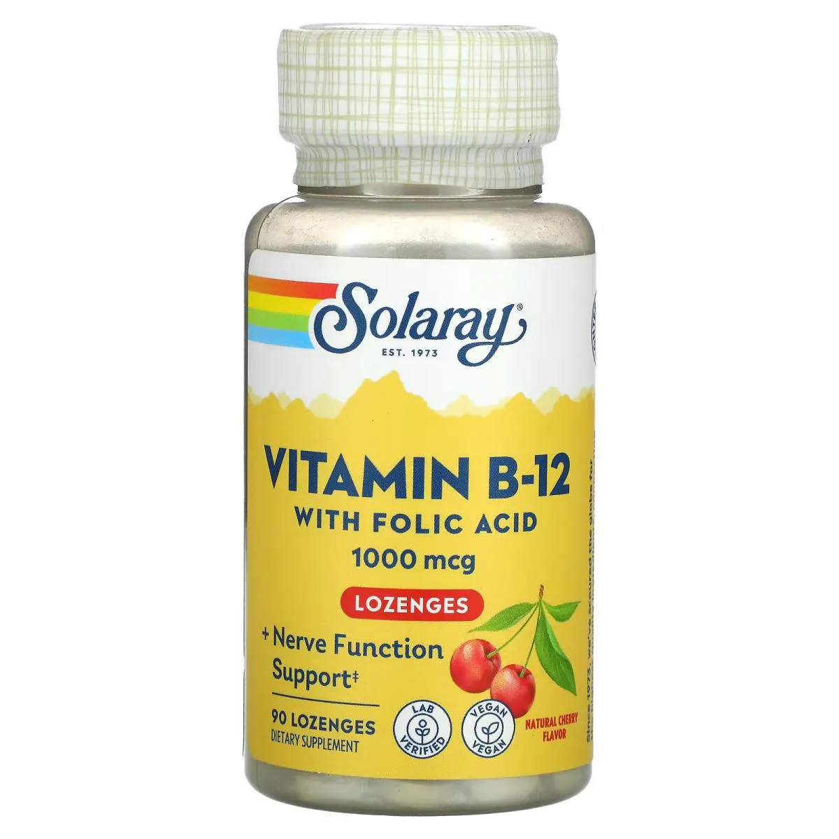 Vitamina B12 1.000mcg com Ácido Fólico 90 Pastilhas Sabor Cereja Natural - Solaray