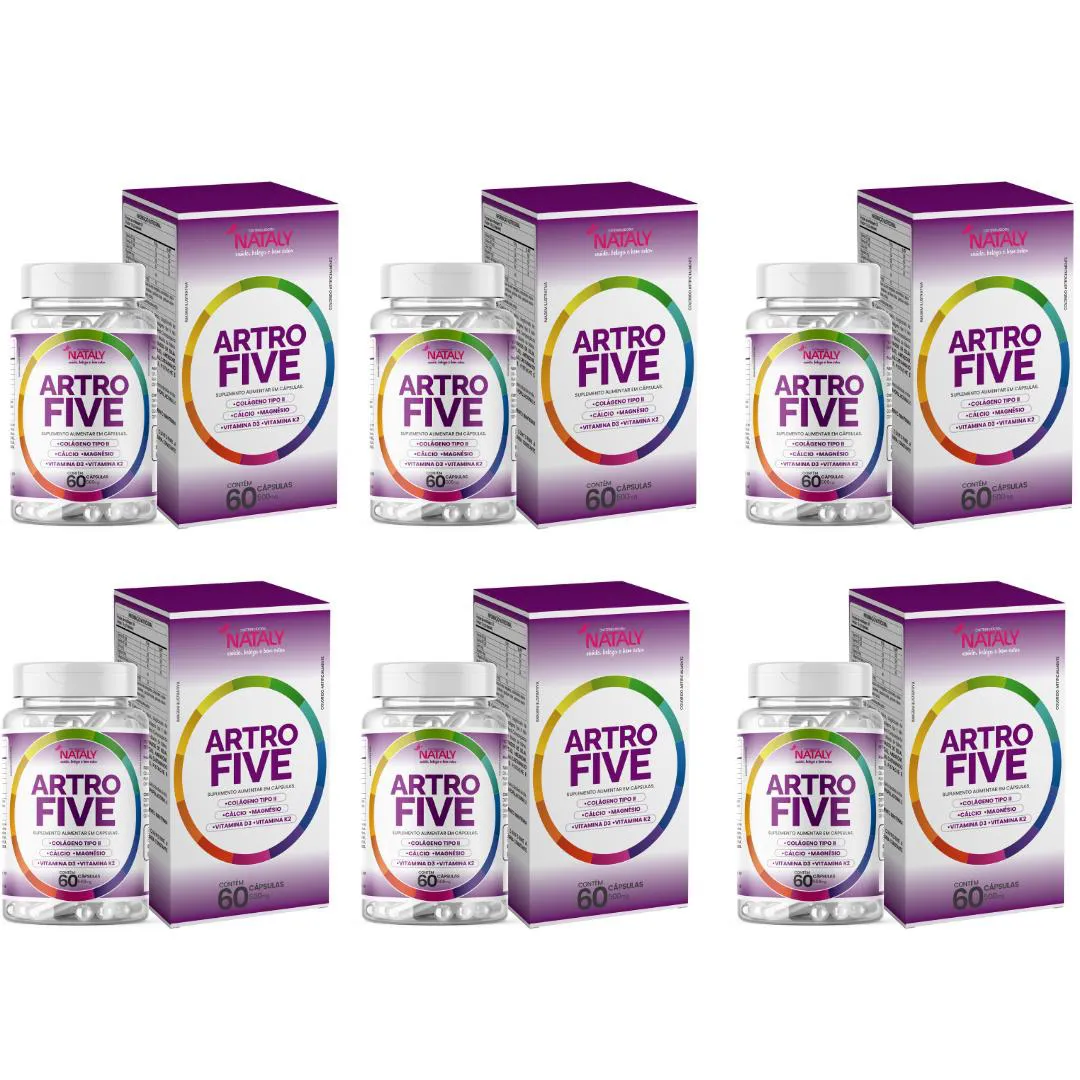 6x Artrofive Colágeno Tipo Ii, Cálcio, Magnésio, Vitamina D3 e Vitamina K2 60 cápsulas de 500mg Nataly