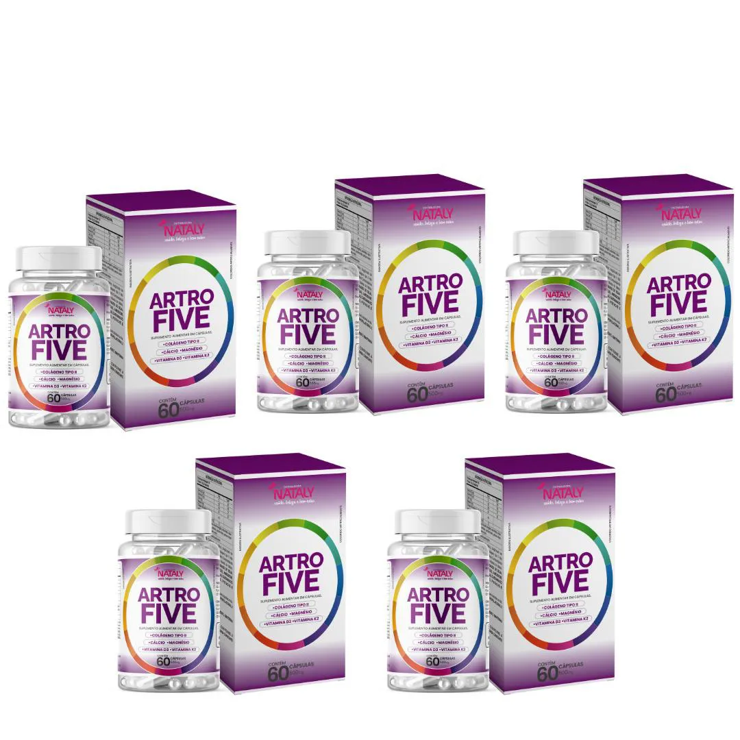 Kit com 5 - Artrofive Colágeno Tipo 2 + Magnésio e Vitaminas 60 Capsulas de 500mg Nataly