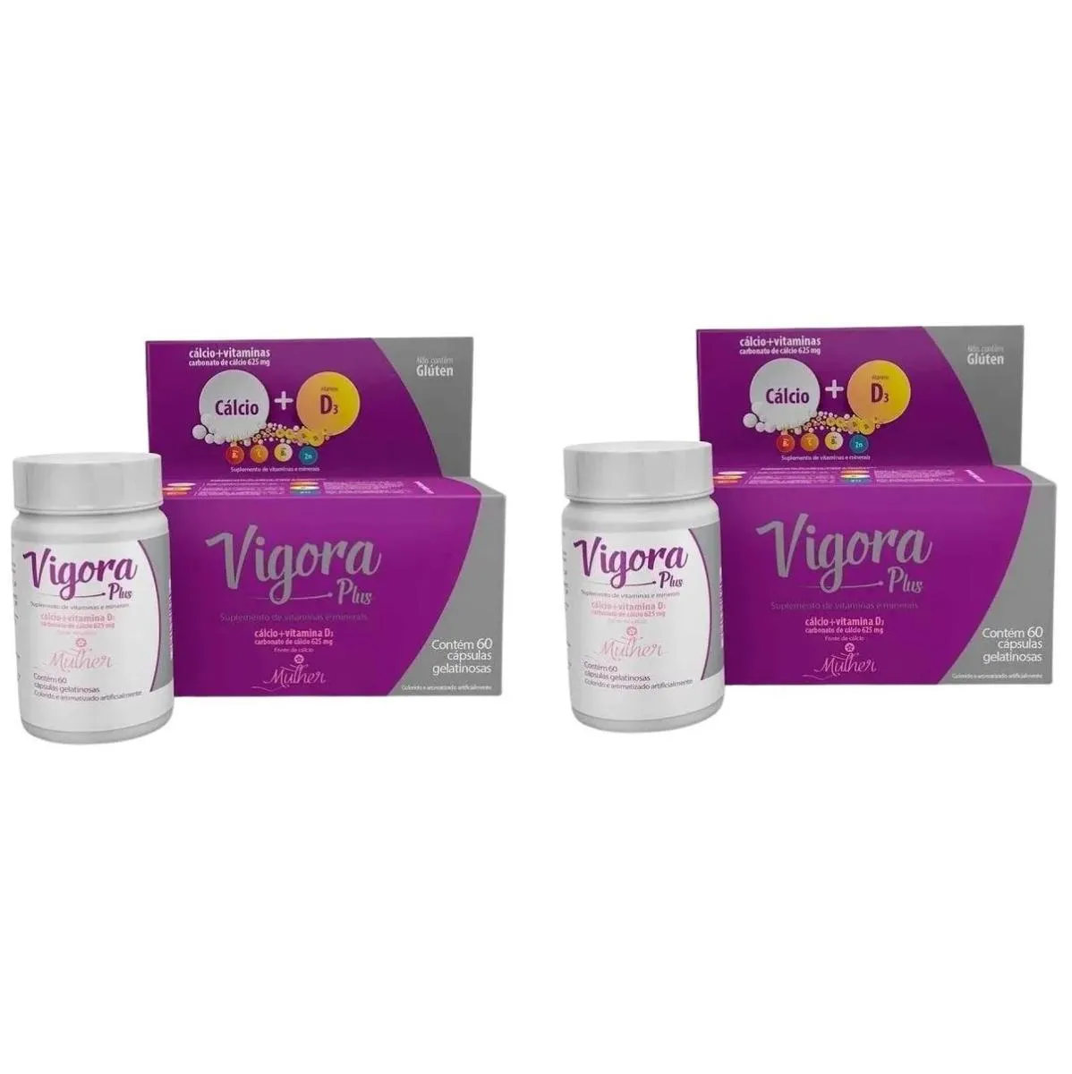 KIT 2 VIGORA PLUS MULHER CáLCIO CALCIUM +VIT D3 60 CáPSULAS