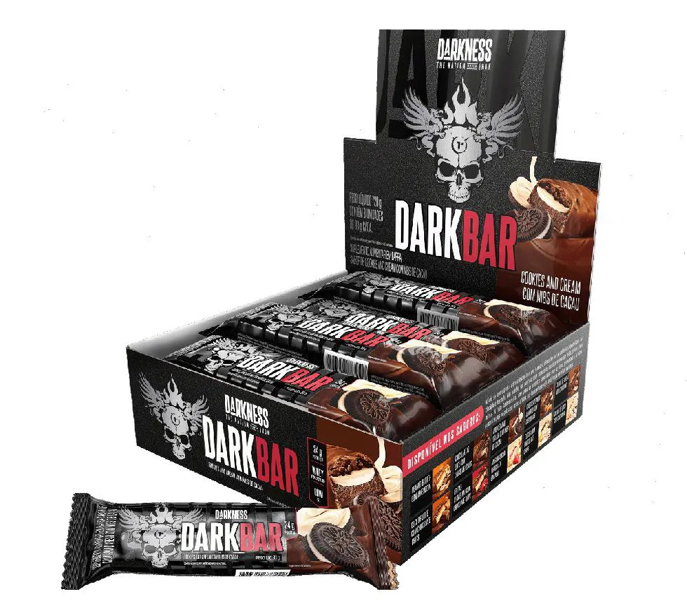 Dark Bar Caixa 8 unidades (720g) - Nova Embalagem - Sabor: Cookies And Cream C/ Nibs de Cacau