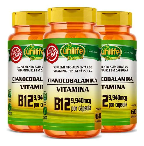 Vitamina B12 Cianocobalamina 3 X 60 cápsulas Unilife