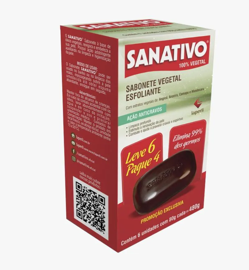 Sabonete Vegetal Esfoliante Leve 06 Pague 04 Sanativo Elimina 99% dos Germes 80g