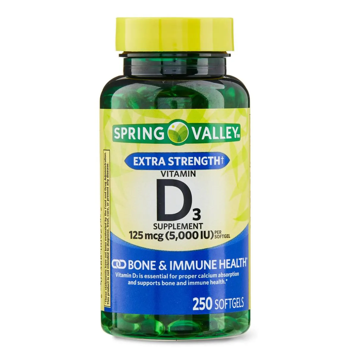 Vitamin D3 Softgels, 125 Mcg Per Softgel, 5,000 Iu, 250 Count - Spring Valley