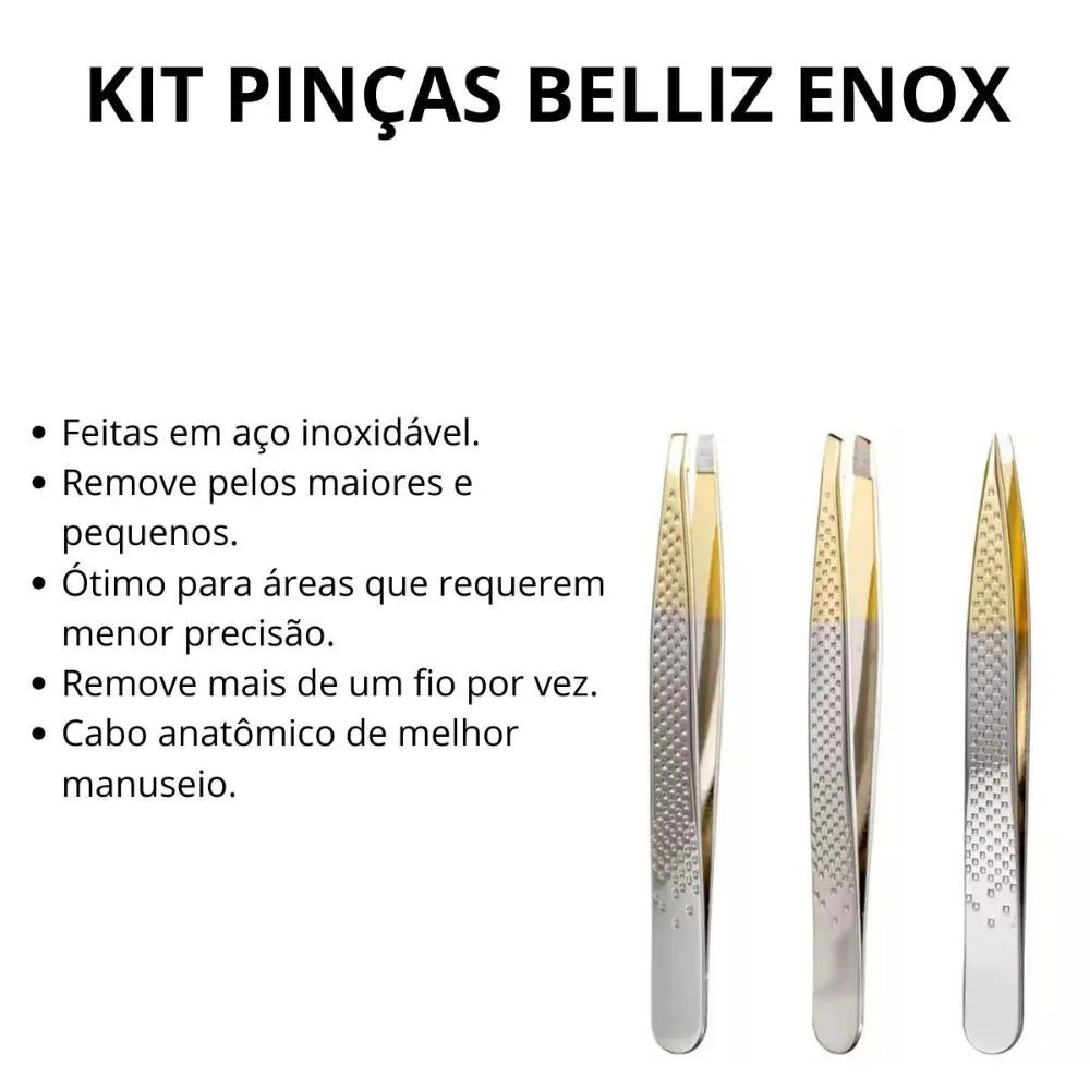 Kit Pinças Belliz Enox Ponta Reta + Ponta Diagonal + Ponta Fina C/3