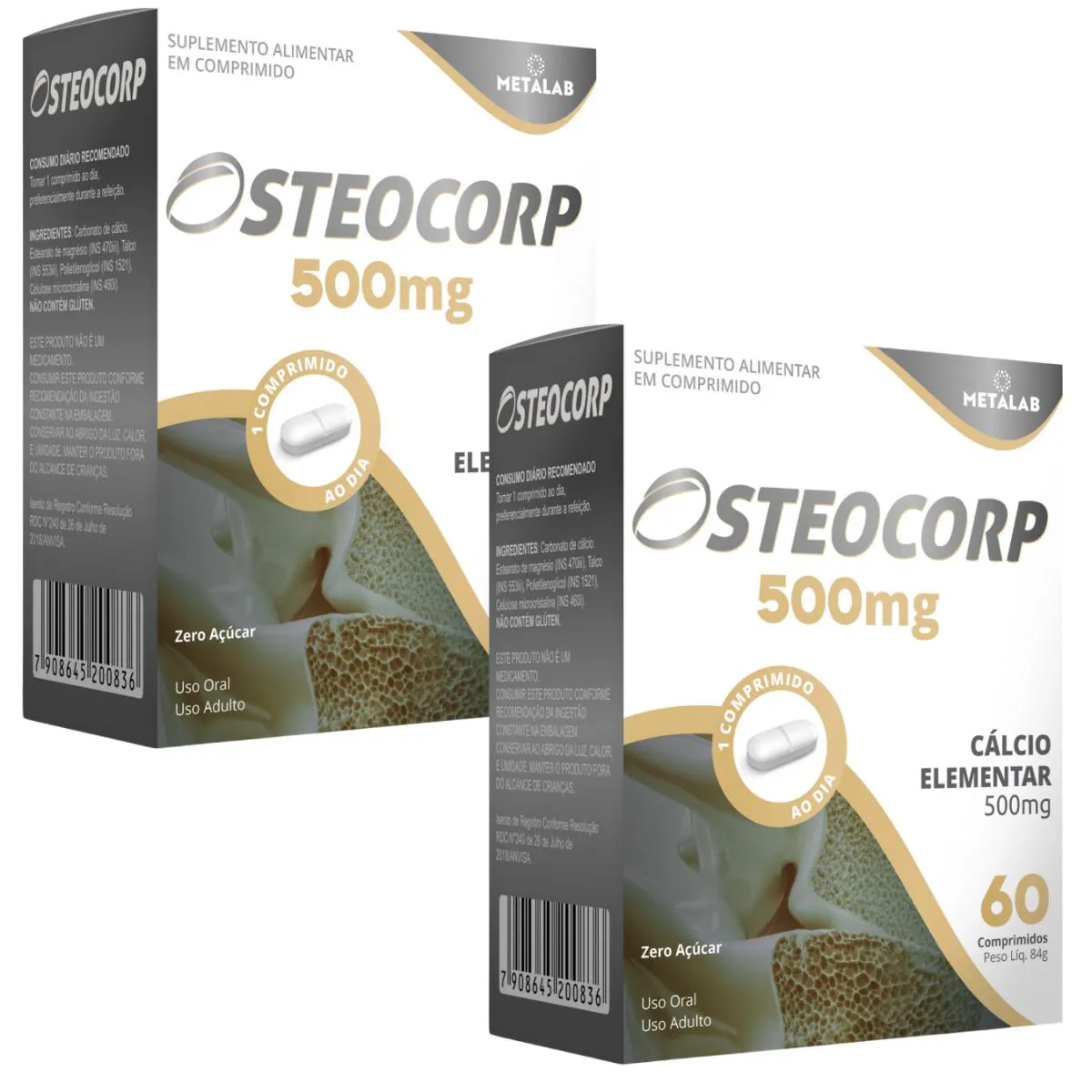 Kit 2 Osteocorp 60cp Carbonato de Calcio 500mg Calcio Elementar