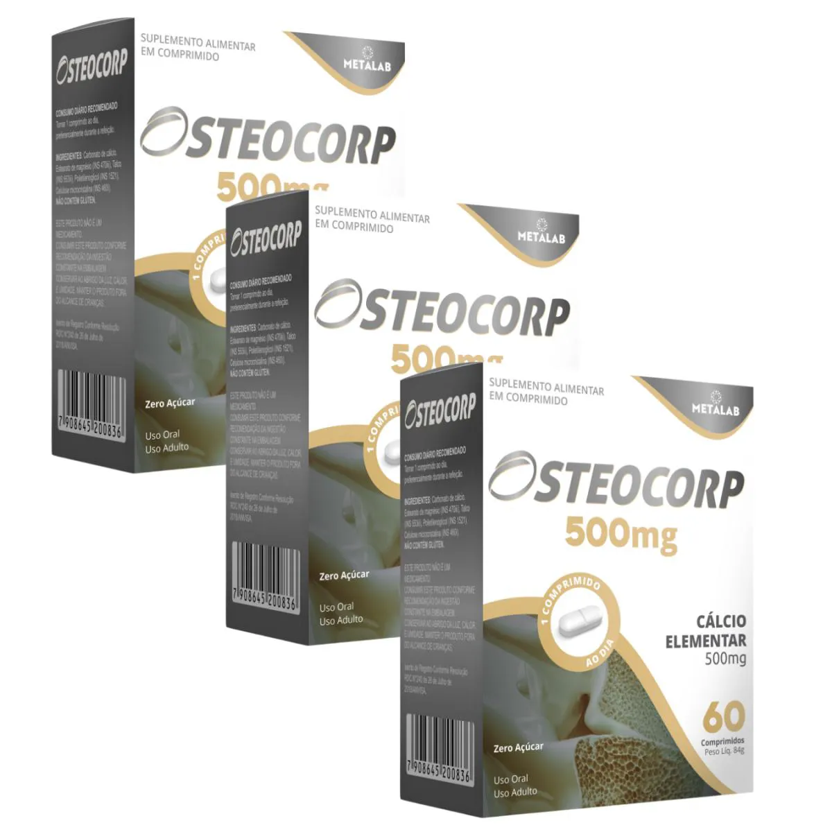 Kit 3 Osteocorp 60cp Carbonato de Cálcio 500g Calcio Elementar