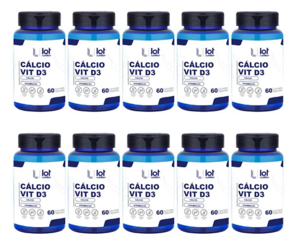 Kit 10un Cálcio 600mg Vit D3 2.000ui 60 cápsulas Ossos Fort sem Sabor