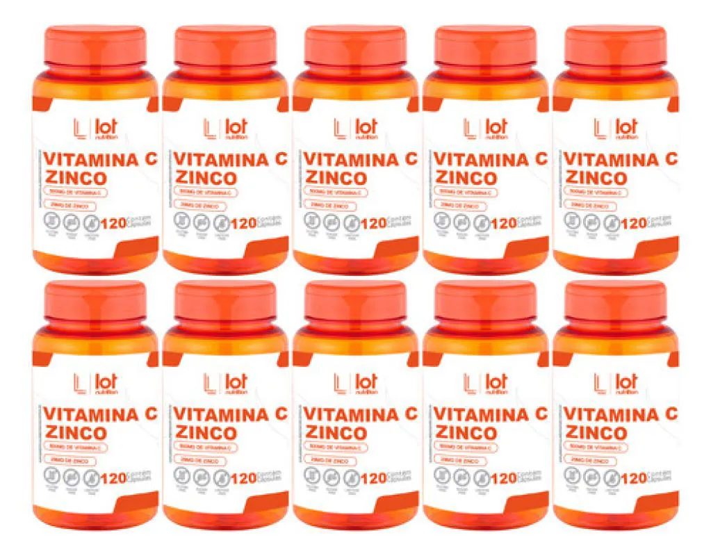 Kit 10un Vitamina C 500mg Zinco 29mg 120 cápsulas sem Sabor