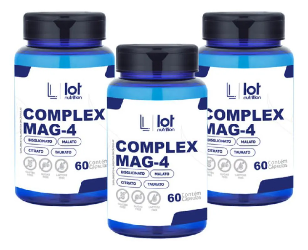 Kit 3un Complex Mag4 60 Cps Taurato Quelato Dimalato Citrato sem Sabor