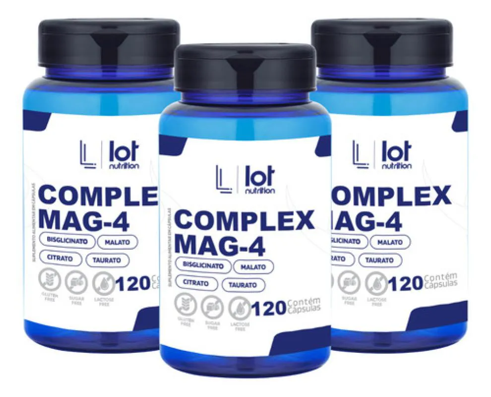 Kit 3un Complex Mag4 120 Cps Taurato Quelato Dimalato Citrato sem Sabor