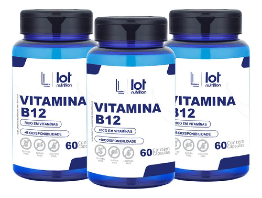 Kit 3un Vitamina B12 Cianocobalamina 60 cápsulas sem Sabor