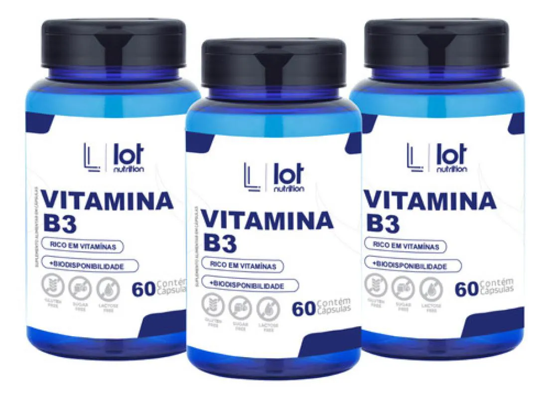 Kit 3un Vitamina B3 Niacina 60 cápsulas sem Sabor