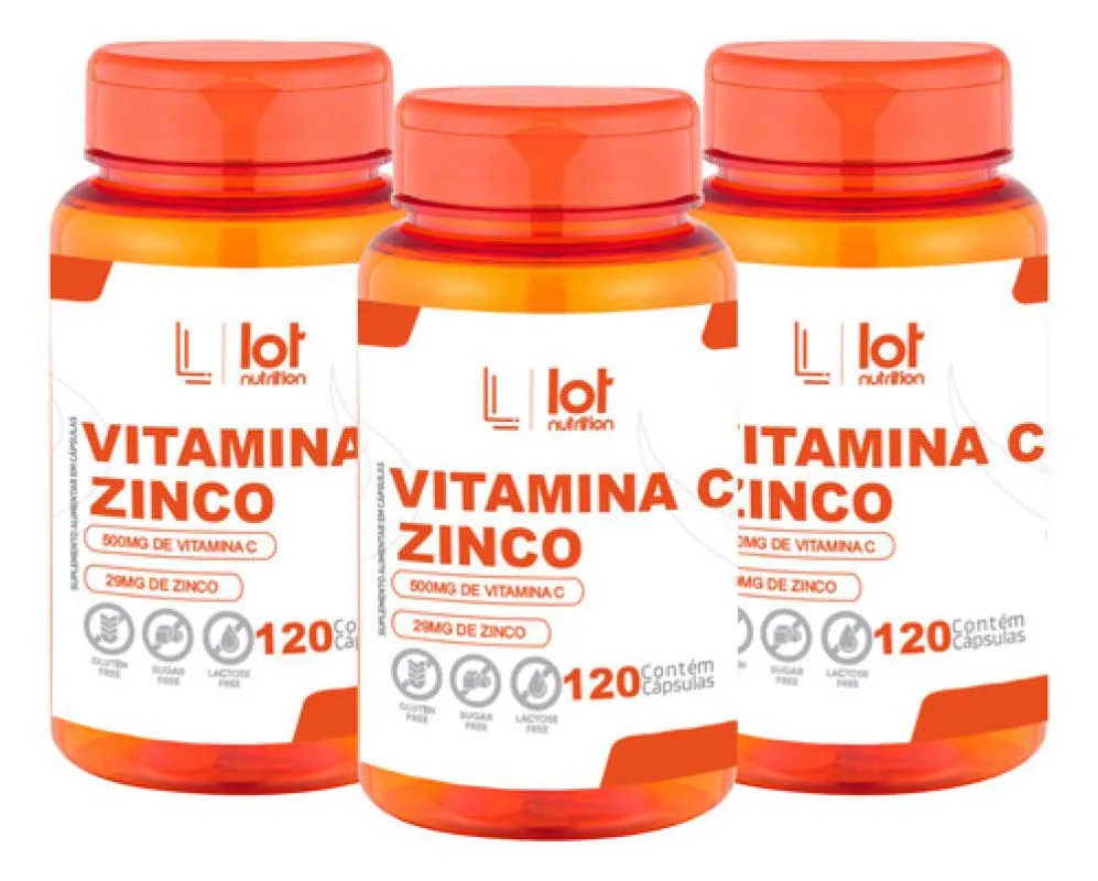 Kit 3un Vitamina C 500mg Zinco 29mg 120 cápsula sem Sabor
