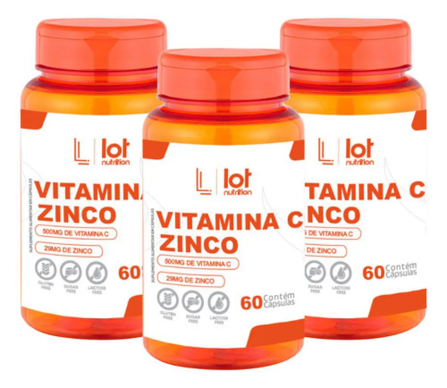 Kit 3un Vitamina C 500mg Zinco 29mg 60 cápsulas sem Sabor
