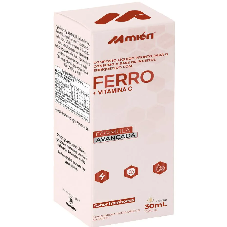 Ferro + Vitamina C em Gotas 30ml Inositol Enriquecido com Ferro - Sabor Framboesa