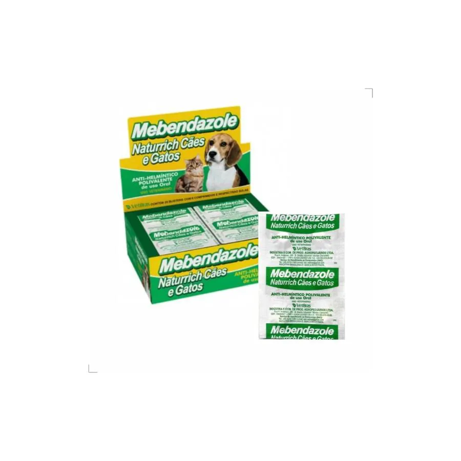Vermifugo para Cachorro e Gato Mebendazole Contra Vermes 01 - 40kg Cartela com 6 Comprimidos