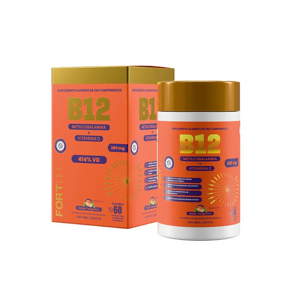 Vitamina B12 + Vitamina C Sabor Tangerina com 60 cápsulas Gelatinosas